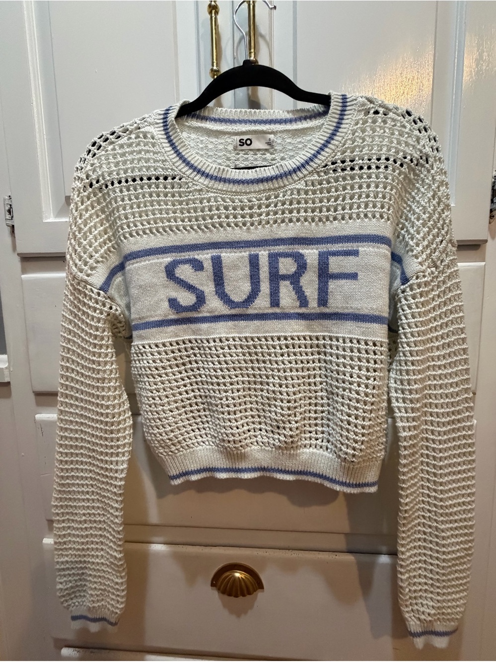 SO Juniors Open Knit Crochet SURF Graphic Crop Sweater Cream Blue Size S